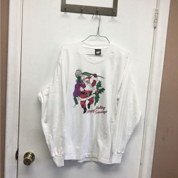 Vintage Screen Stars Happy Holiday Trimmings Santa Clause Long-sleeve White XL - Picture 2 of 7